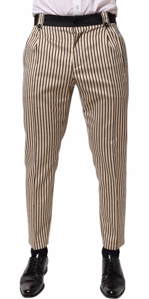 Dolce & Gabbana Beige Black Striped Cotton Slim Fit Trousers Pants