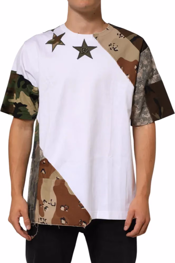 Dolce & Gabbana White Camouflage Patckwork Men Cotton T-shirt