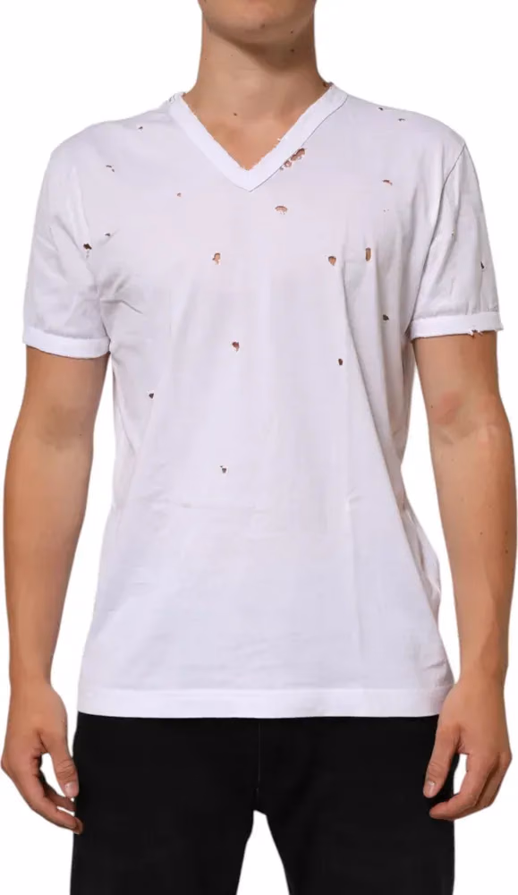 Dolce & Gabbana White Distressed Cotton V Neck Men T-shirt