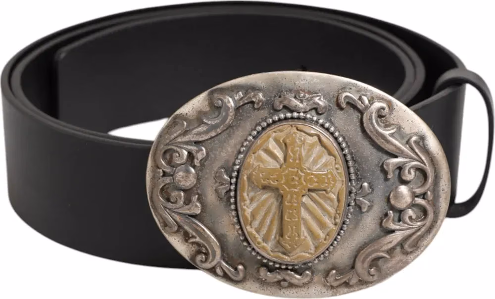 Dolce & Gabbana Black Leather Ornate Metal Buckle Men Belt