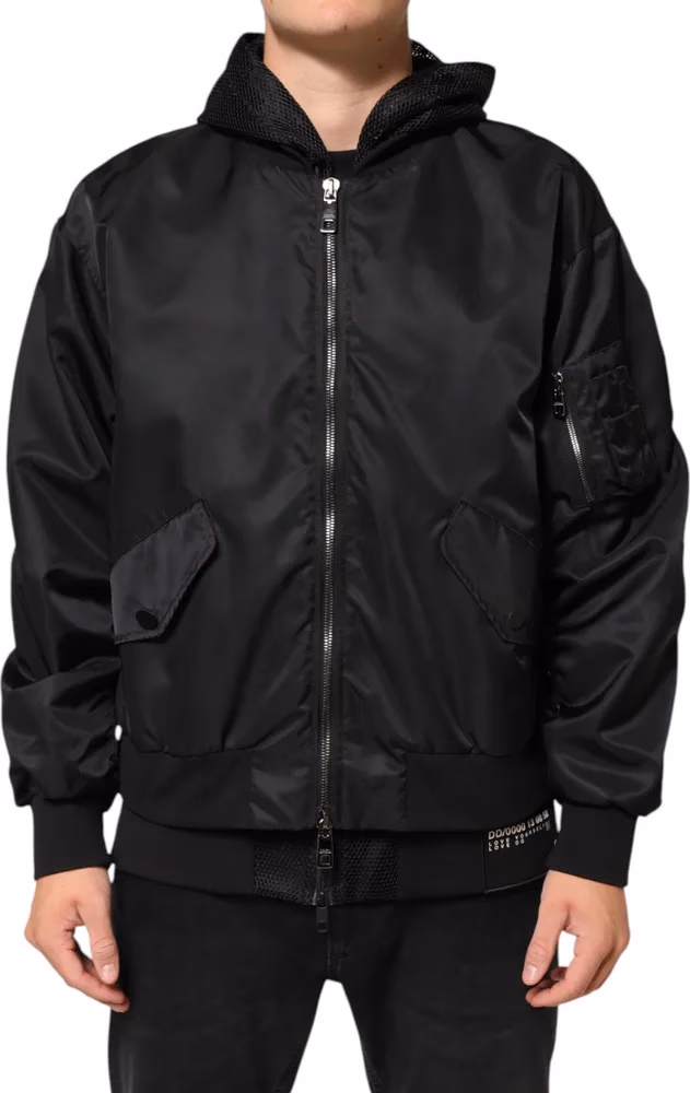 Dolce & Gabbana Black Nylon Hooded Full Zip Bomber Men Jacket