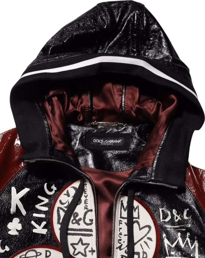 Dolce & Gabbana Multicolor Hooded Leather DG King Men Biker Jacket
