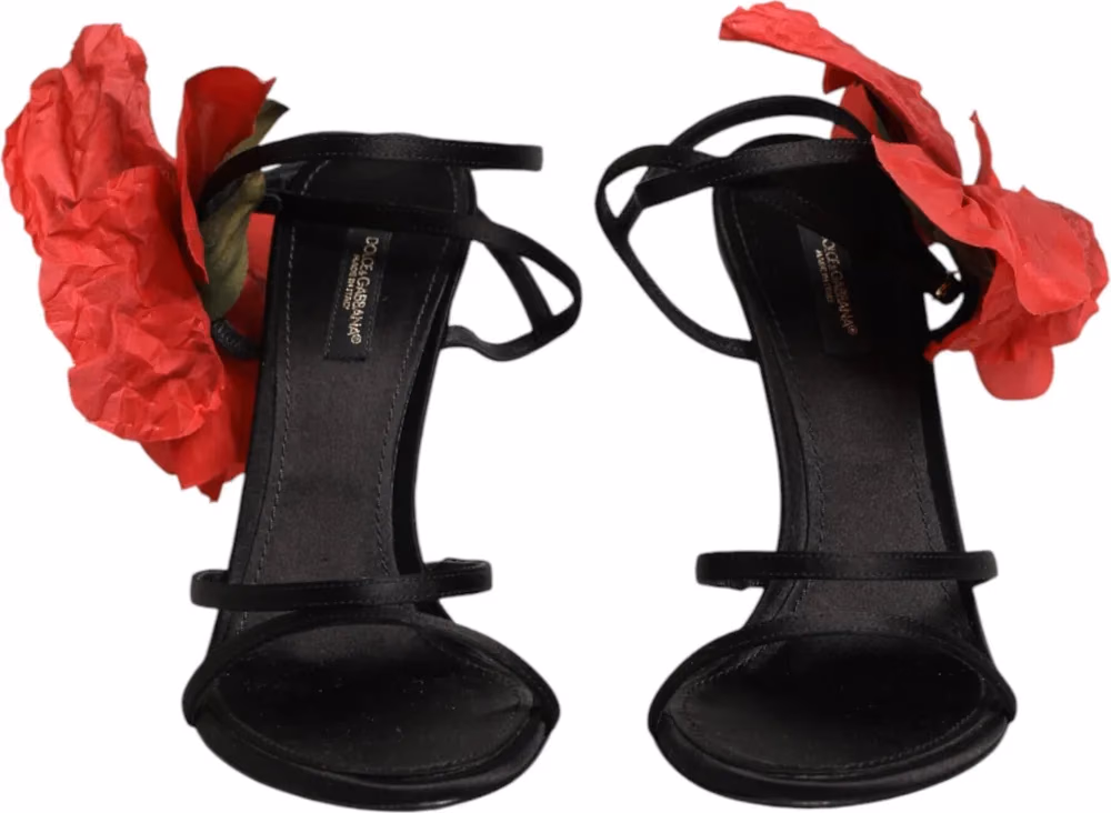 Dolce & Gabbana Black Leather Strappy Flower Heels Sandals  Shoes