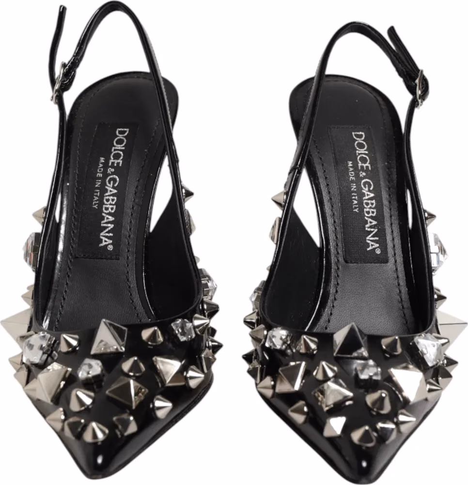 Dolce & Gabbana Black Studded Leather Heels Slingbacks Shoes