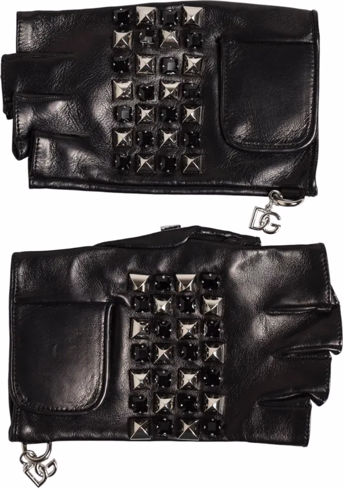 Dolce & Gabbana Black Leather Studded Fingerless Hand Mitten Men Gloves
