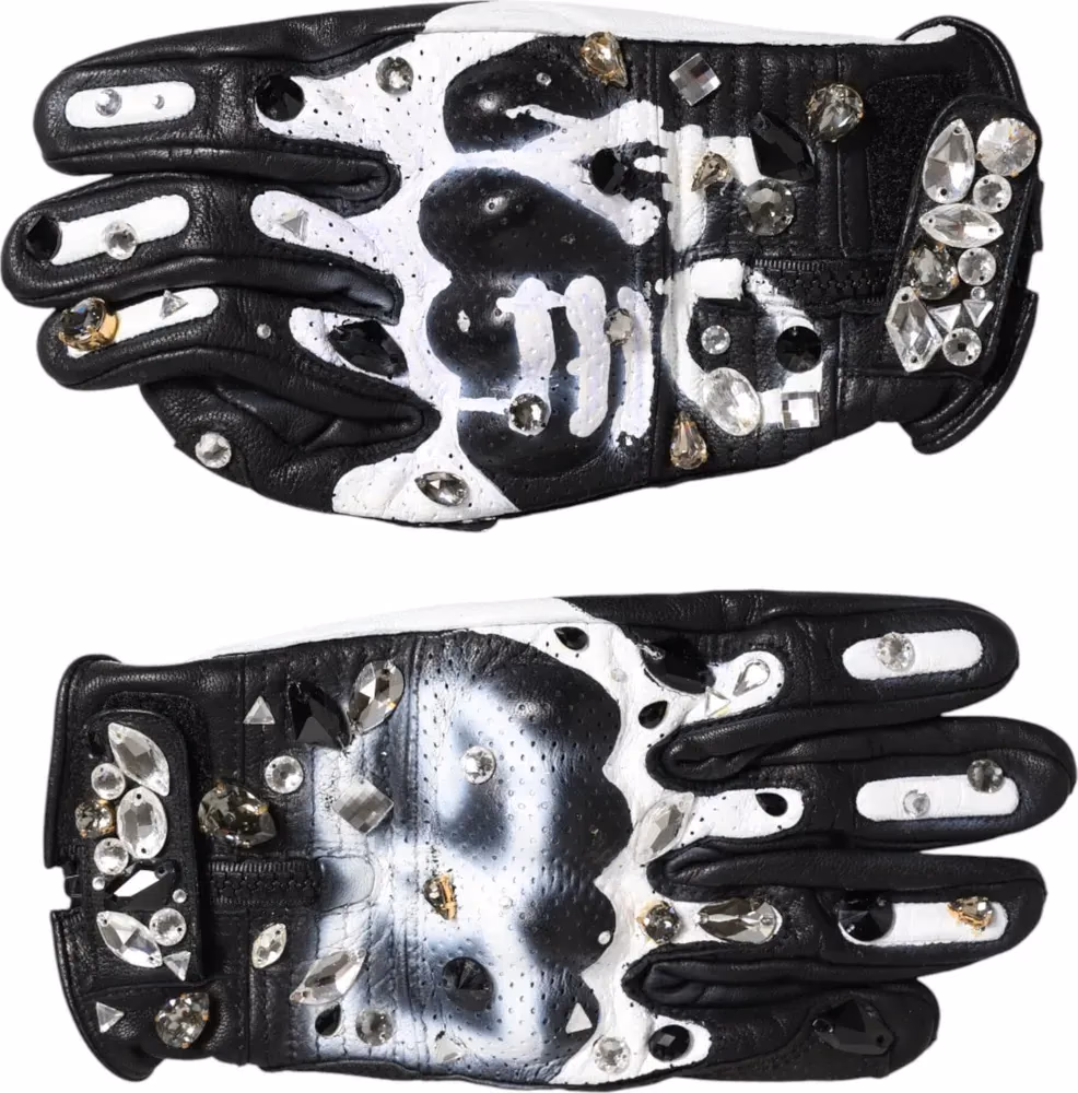 Dolce & Gabbana Gloves Black White Crystal Wrist Length Mitten  Gloves