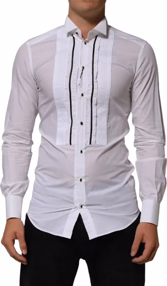 Dolce & Gabbana White Cotton Collared Long Sleeve GOLD Dress  Shirt
