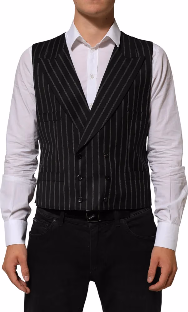 Dolce & Gabbana Black Stripes Wool Dress Men Waistcoat Vest