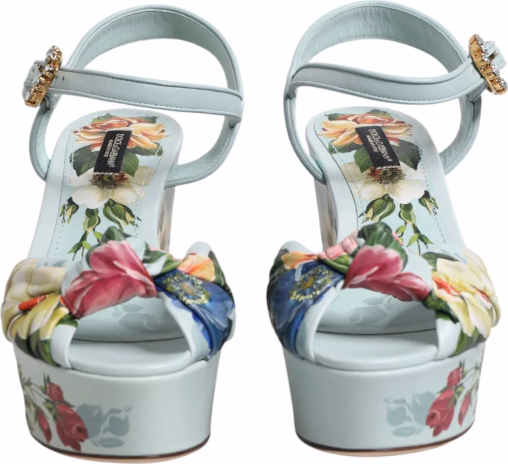 Dolce & Gabbana Green Floral Ankle Strap Wedge Sandals Shoes