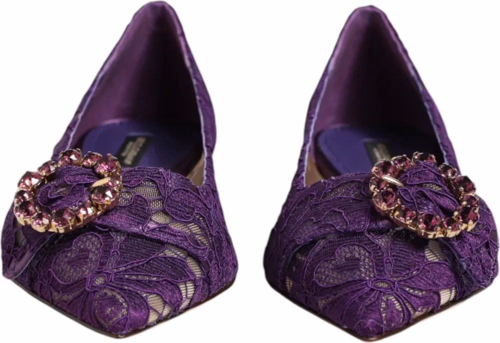 Dolce & Gabbana Purple Taormina Lace Crystals Flats Shoes