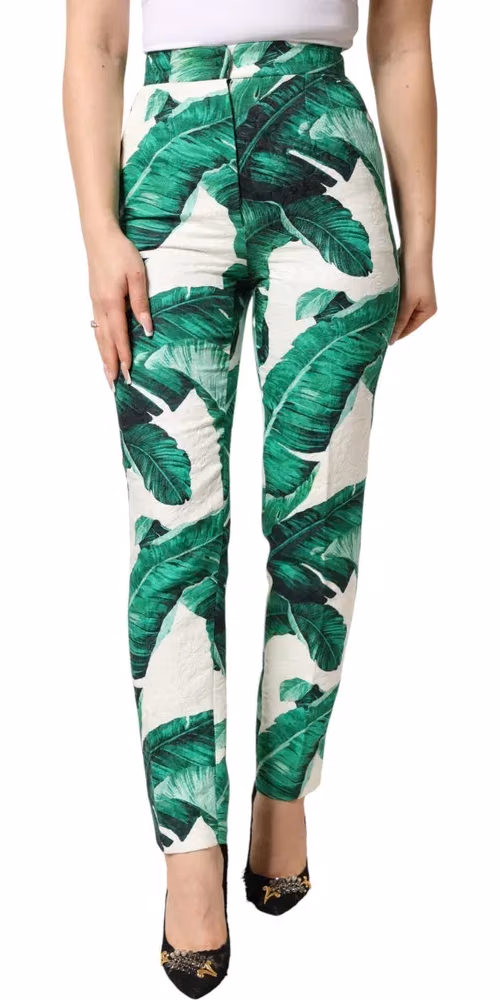 Dolce & Gabbana White Green Leaf High Waist Trousers Pants