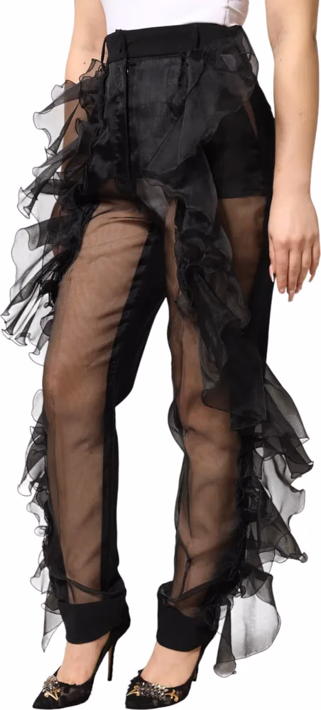 Dolce & Gabbana Black High Waist Tulle Wool Trouser Pants