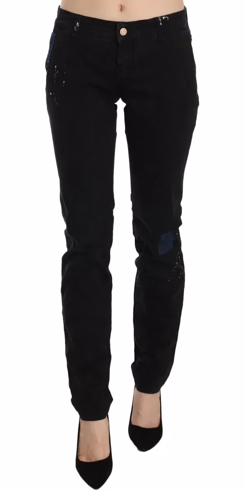 John Galliano Black Low Waist White Paint Skinny Denim Pants Jeans