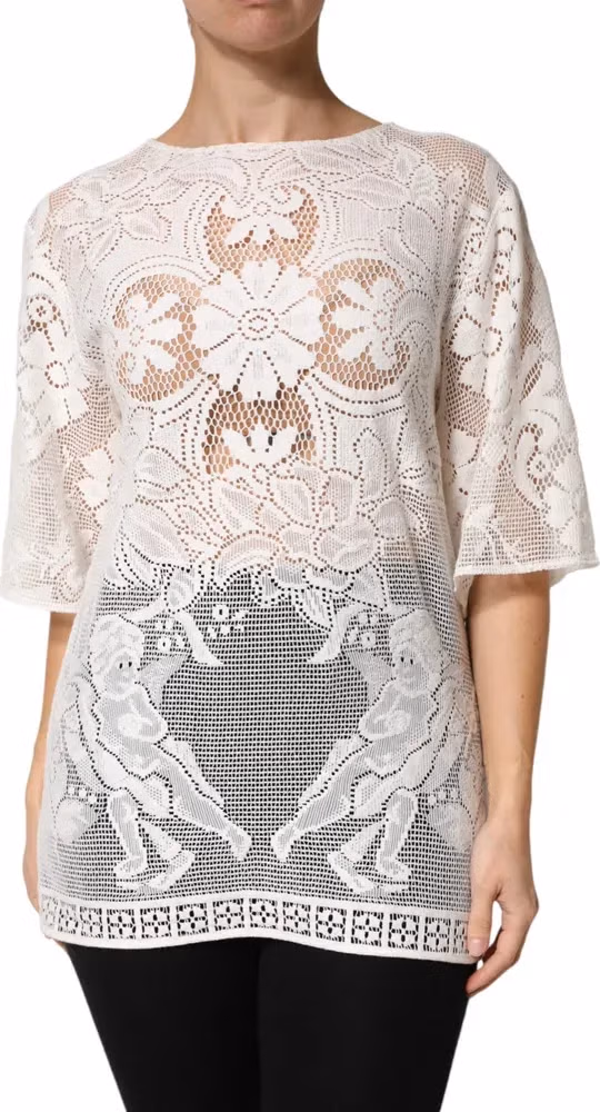 Dolce & Gabbana White Embroidery Lace Cotton Blouse Top