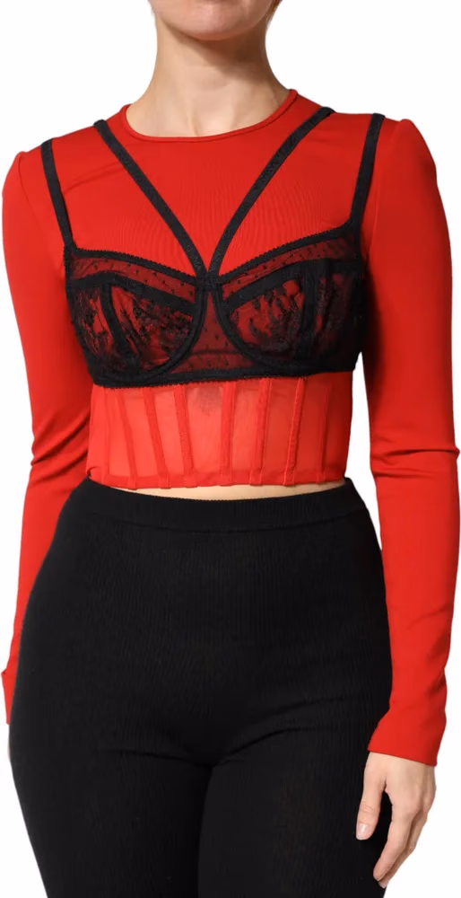 Dolce & Gabbana Red Black Nylon Bralette-Style Cropped Top