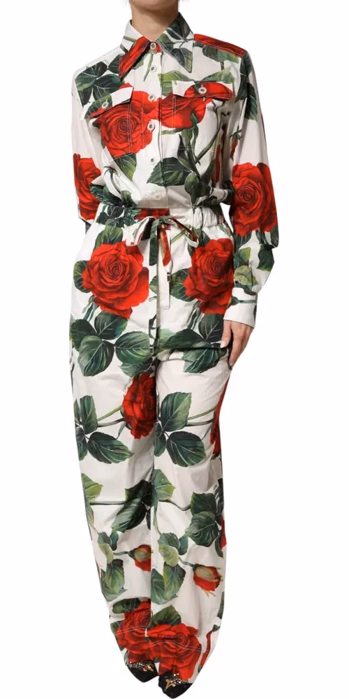 Dolce & Gabbana White Floral Print Cotton Jumpsuit Dress
