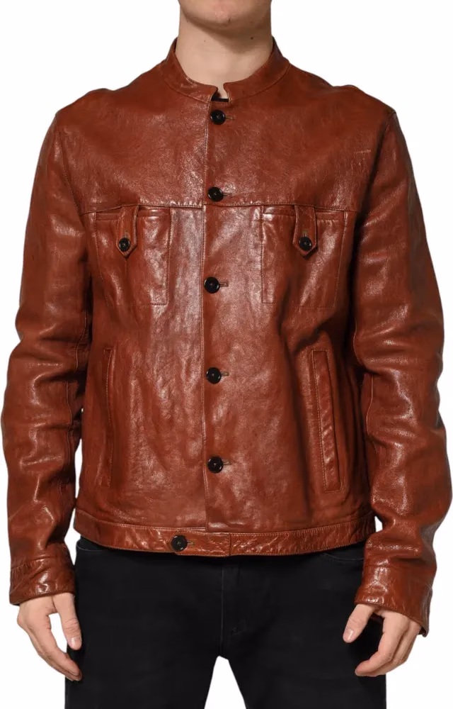 Dolce & Gabbana Brown Leather Button Down Men Biker Jacket