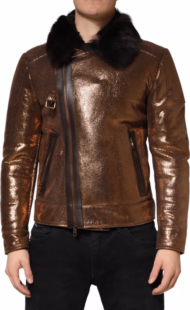 Dolce & Gabbana Bronze Leather Fur Full Zip Men Biker Jacket